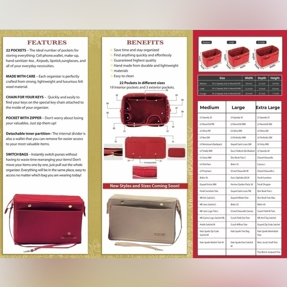 TWO Purse Organizer Insert with zipper compatible for Louis Vuitton GM/MM RED - Picture 11 of 11